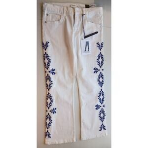 Mango jeans size 4 with navy blue embroidery. Crop flare. new w/tags